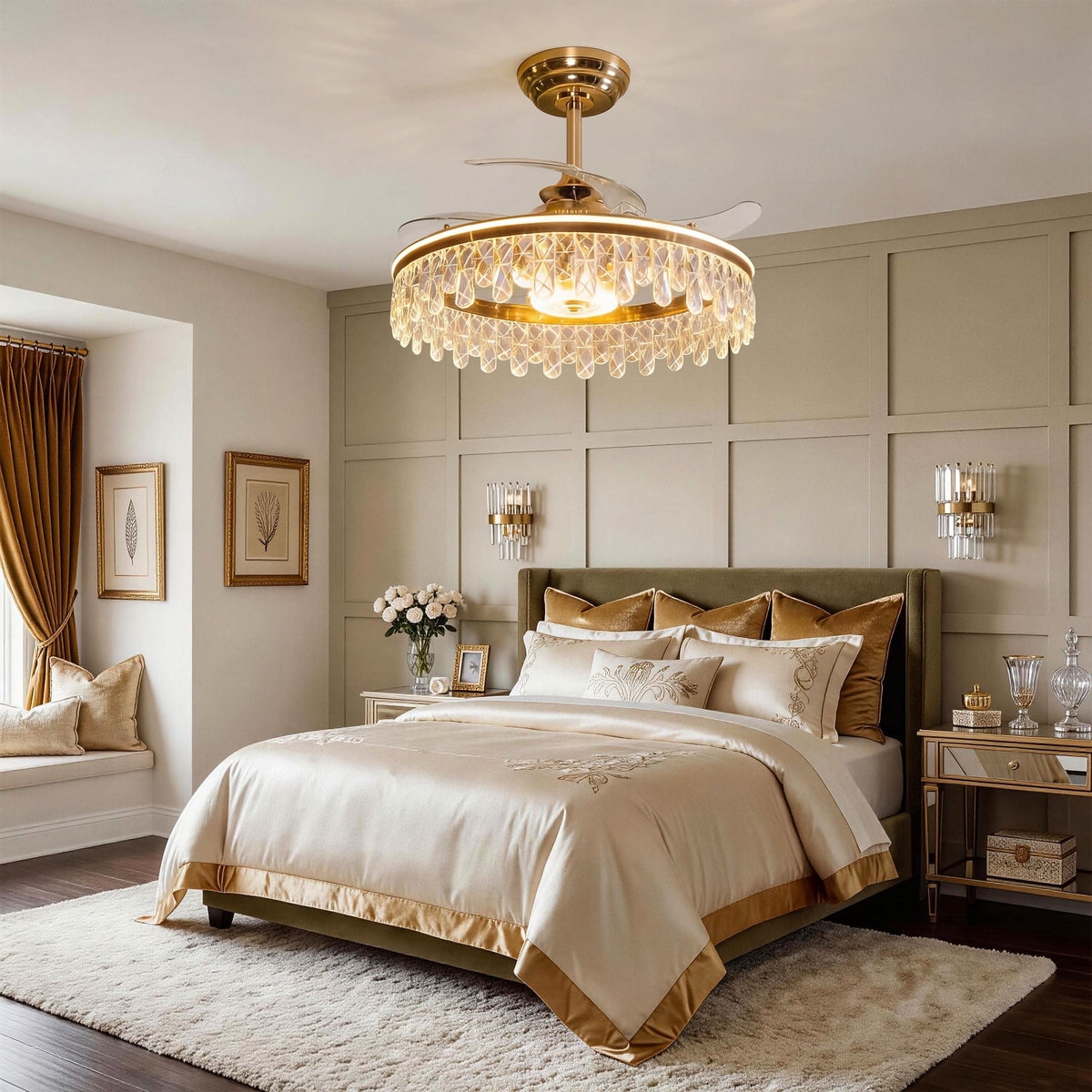 Lightsin 60cm Modern Gold Crystal Ceiling Fan with Light