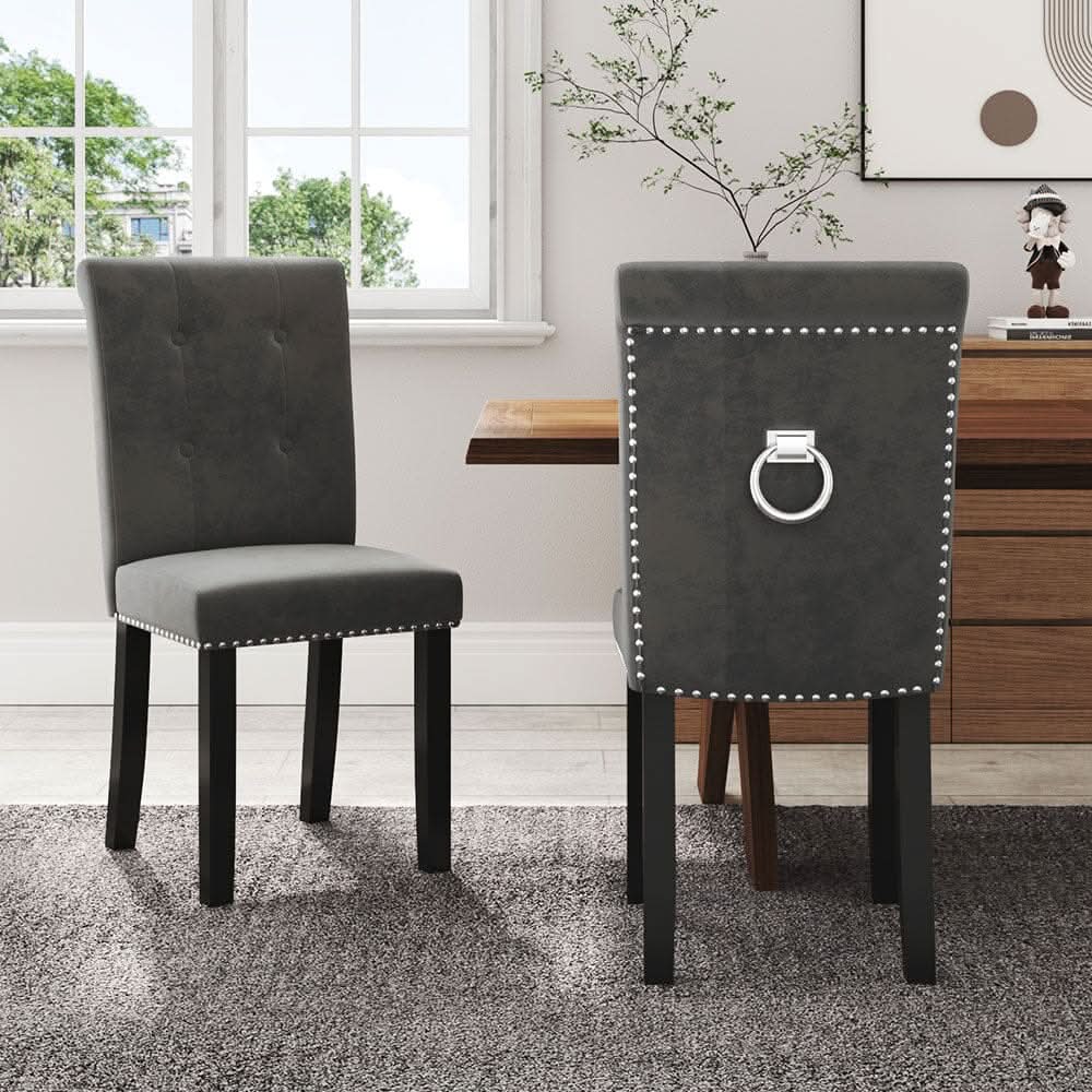 Velvet Upholstered Dining Chair with Button-Tufted Details – Light Grey