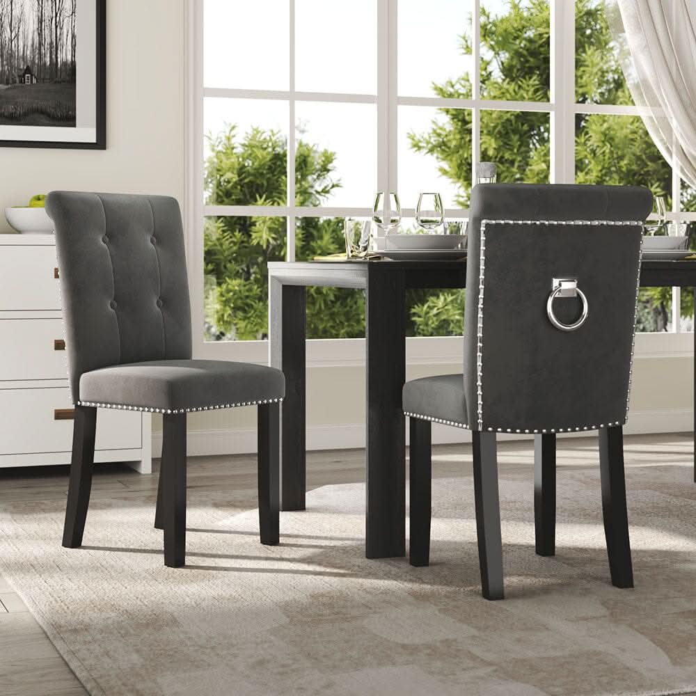 Velvet Upholstered Dining Chair with Button-Tufted Details – Light Grey