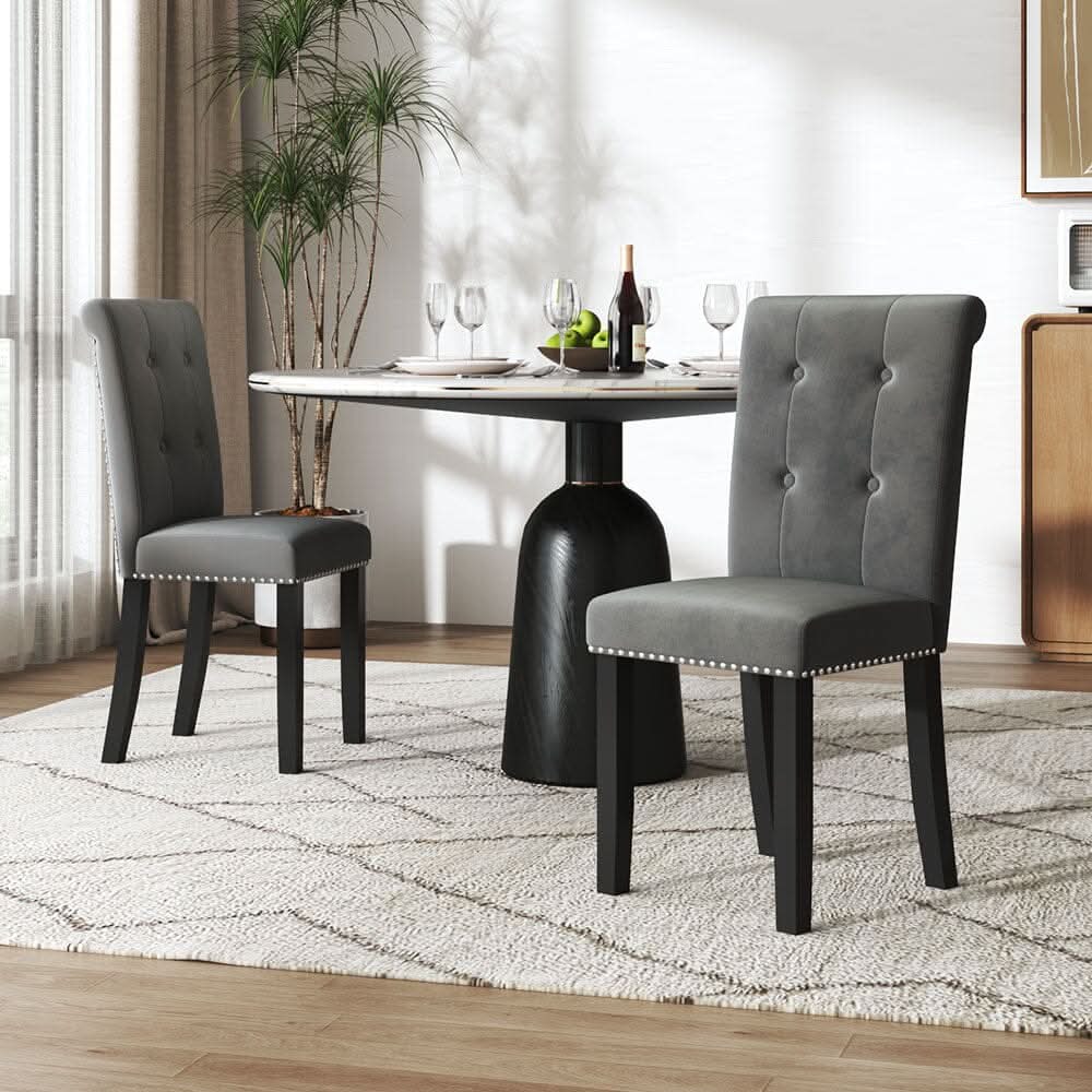 Velvet Upholstered Dining Chair with Button-Tufted Details – Light Grey