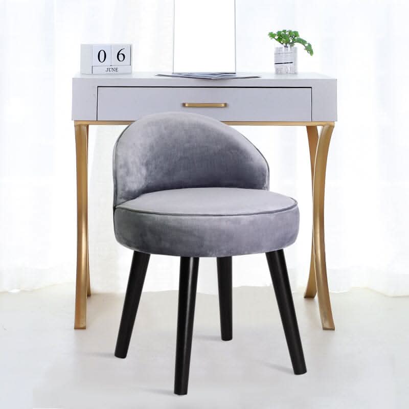 Plush Velvet Vanity Stool with Curved Backrest & Black Rubber Wood Legs