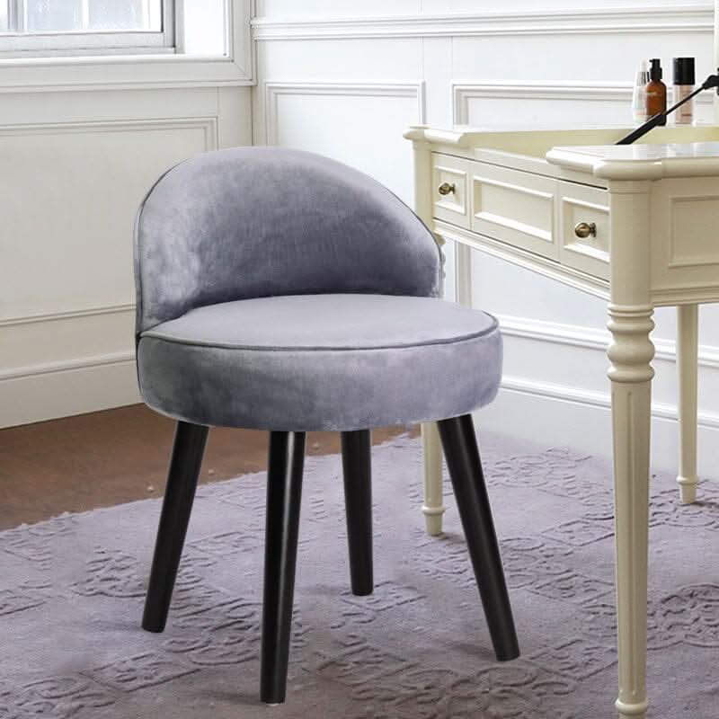 Plush Velvet Vanity Stool with Curved Backrest & Black Rubber Wood Legs