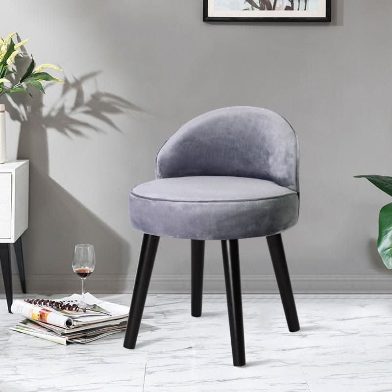 Plush Velvet Vanity Stool with Curved Backrest & Black Rubber Wood Legs