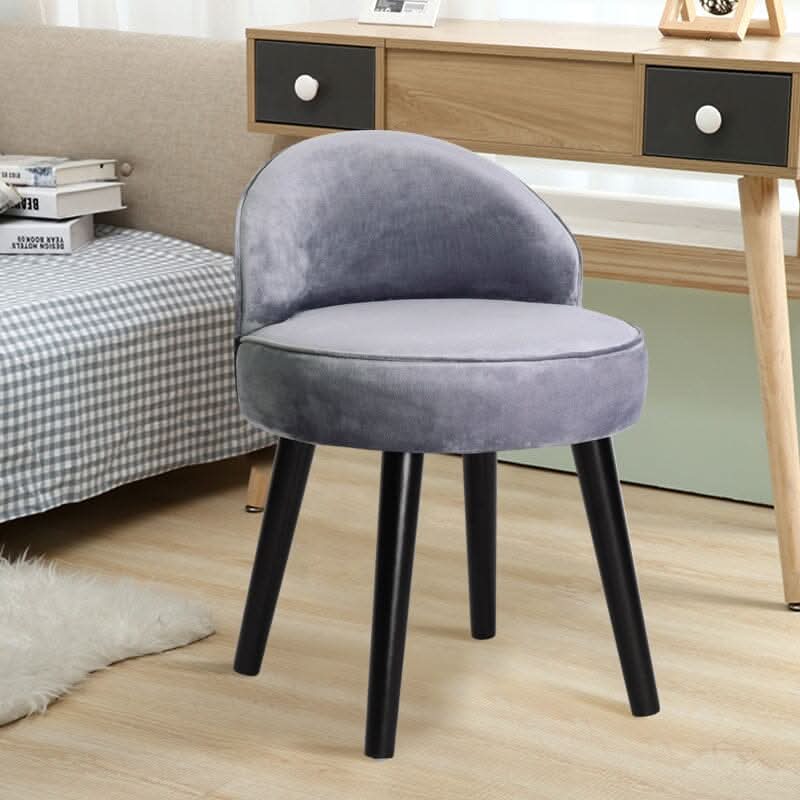 Plush Velvet Vanity Stool with Curved Backrest & Black Rubber Wood Legs