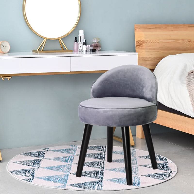 Plush Velvet Vanity Stool with Curved Backrest & Black Rubber Wood Legs