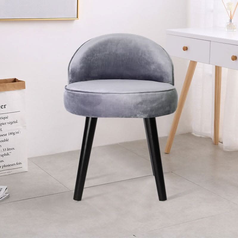 Plush Velvet Vanity Stool with Curved Backrest & Black Rubber Wood Legs