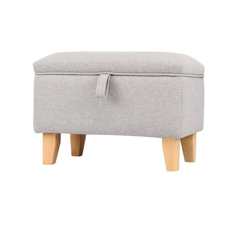Linen Upholstered Storage Footstool with Solid Wood Legs and Lift-Up Seat