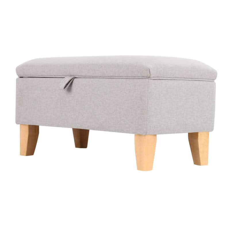 Linen Upholstered Storage Footstool with Solid Wood Legs and Lift-Up Seat