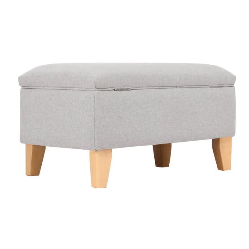 Linen Upholstered Storage Footstool with Solid Wood Legs and Lift-Up Seat