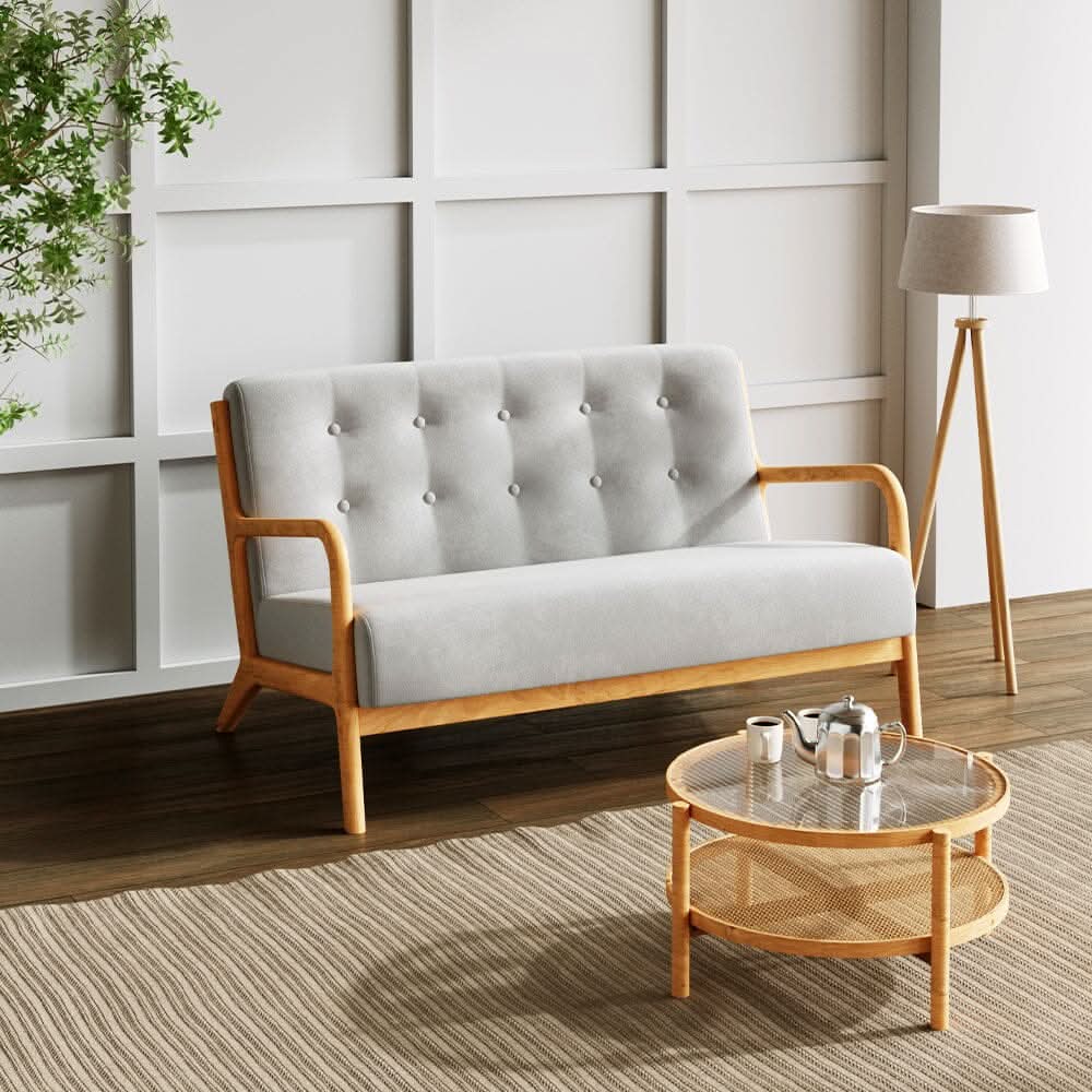 2 Seater Wooden Arm Sofa Grey Towel Fabric Rubber Wood Armrests
