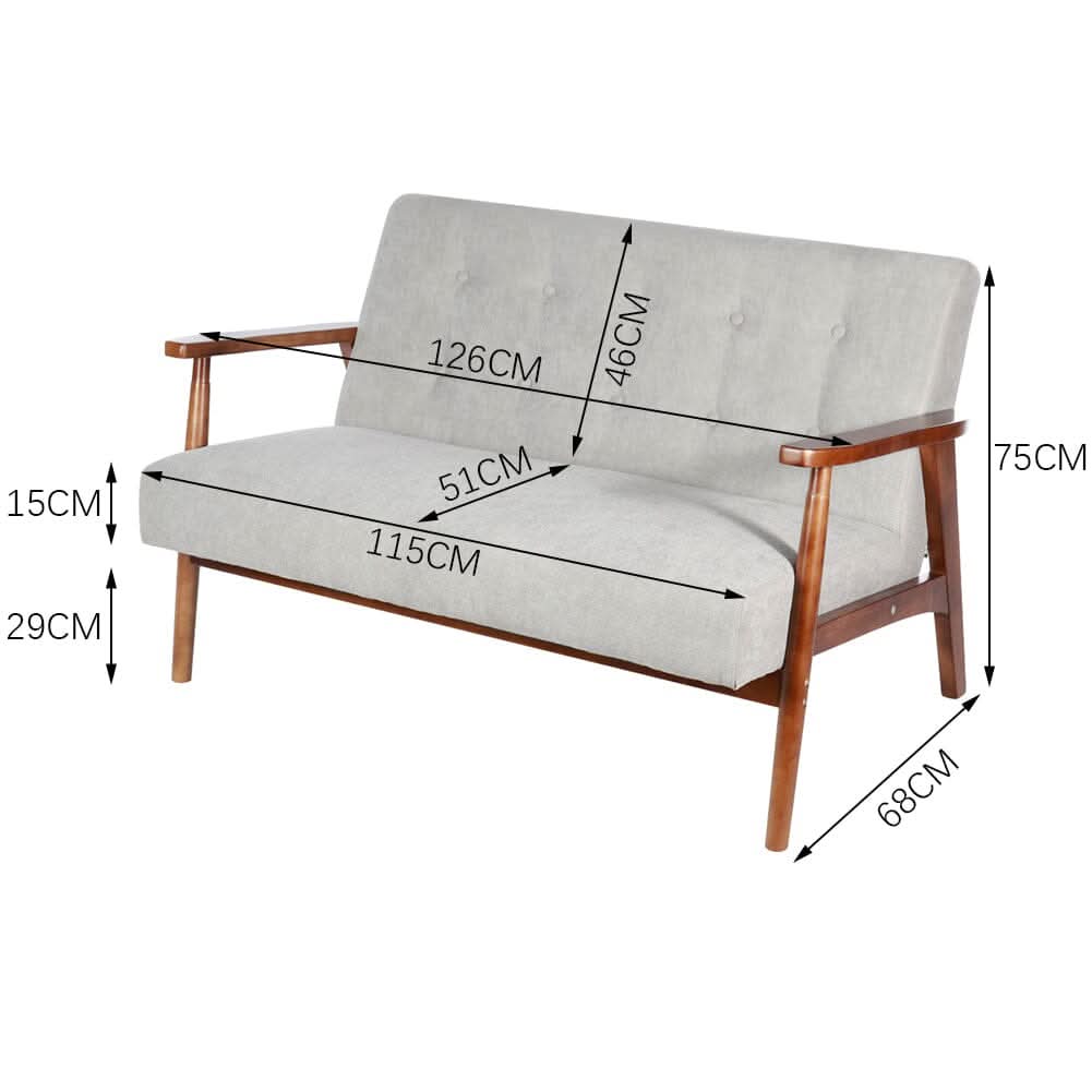 2-Seater Loveseat Sofa Linen Padded Rubber Wood in Grey