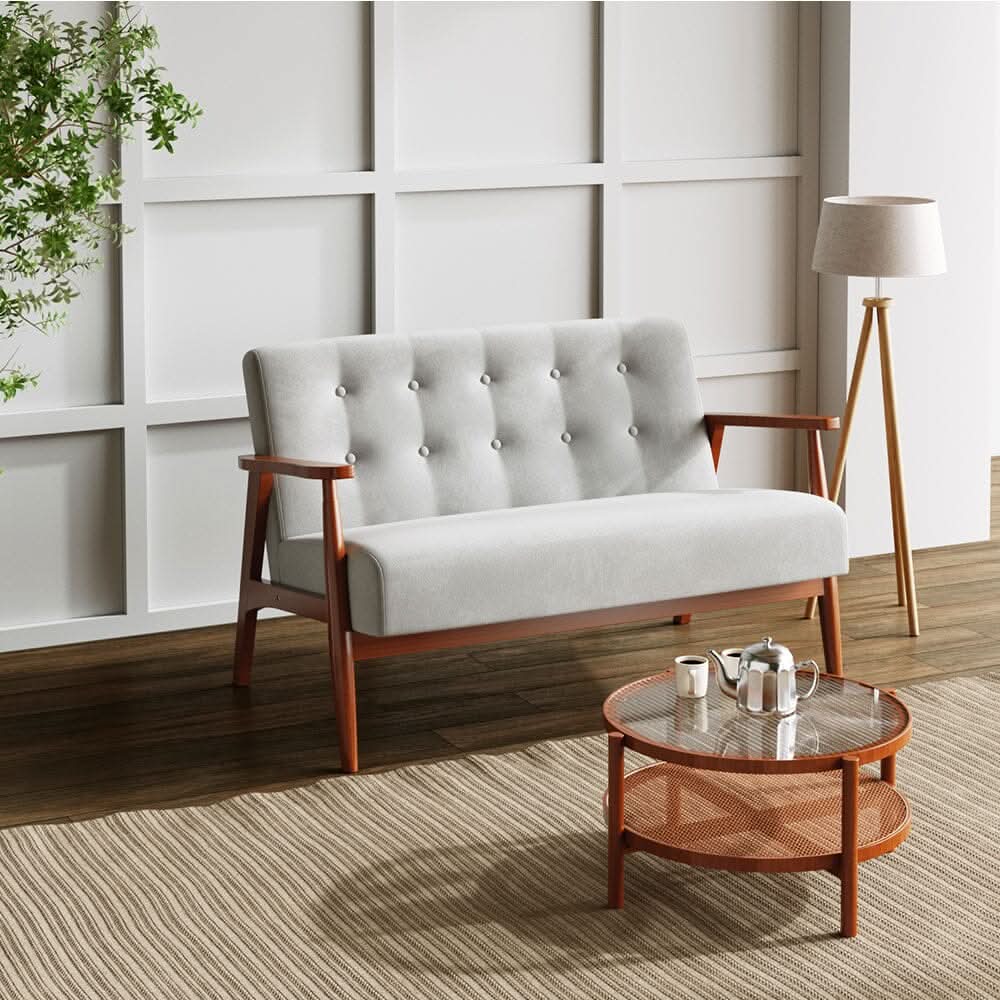 2 Seater Wooden Arm Sofa Grey Towel Fabric Rubber Wood Armrests