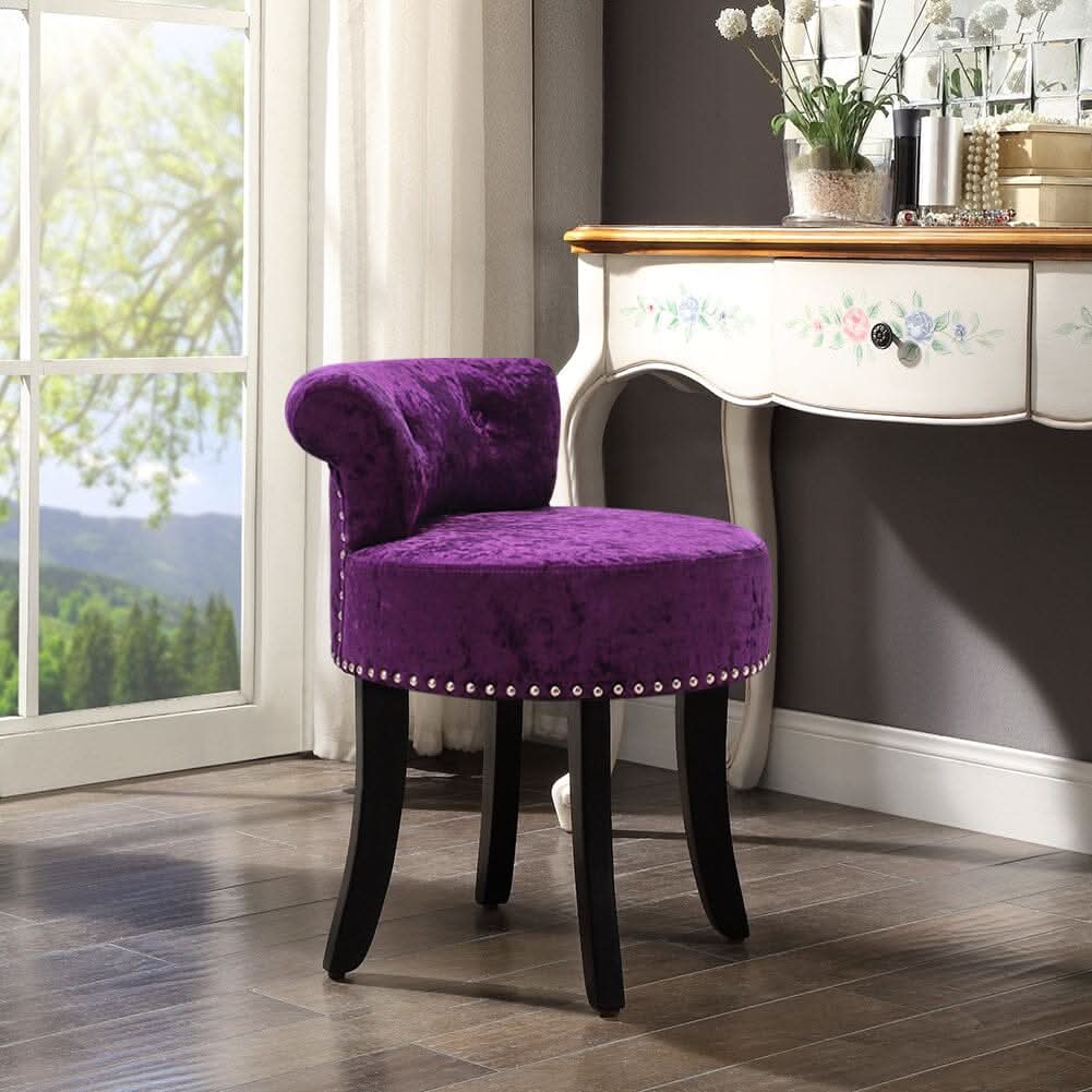 Crushed Velvet Vanity Stool with Button-Tufted Backrest