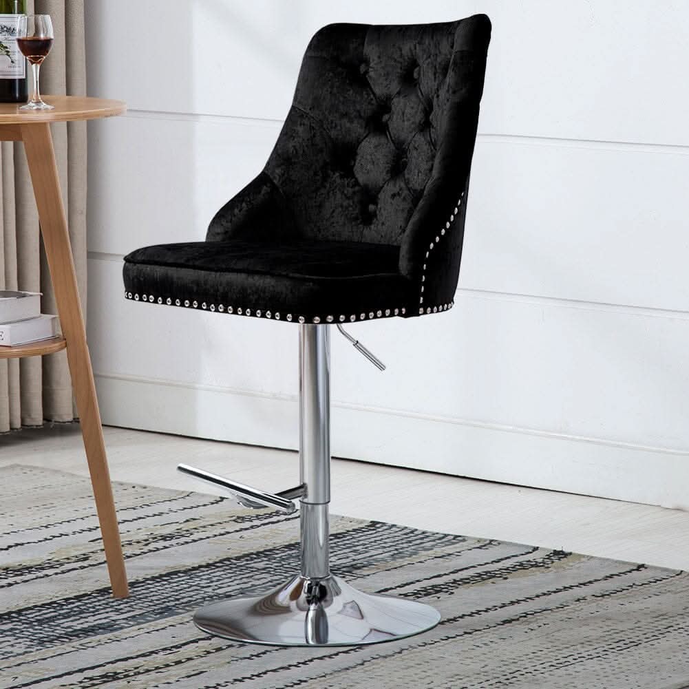 Black Adjustable Bar Stool with Floral Velvet Upholstery