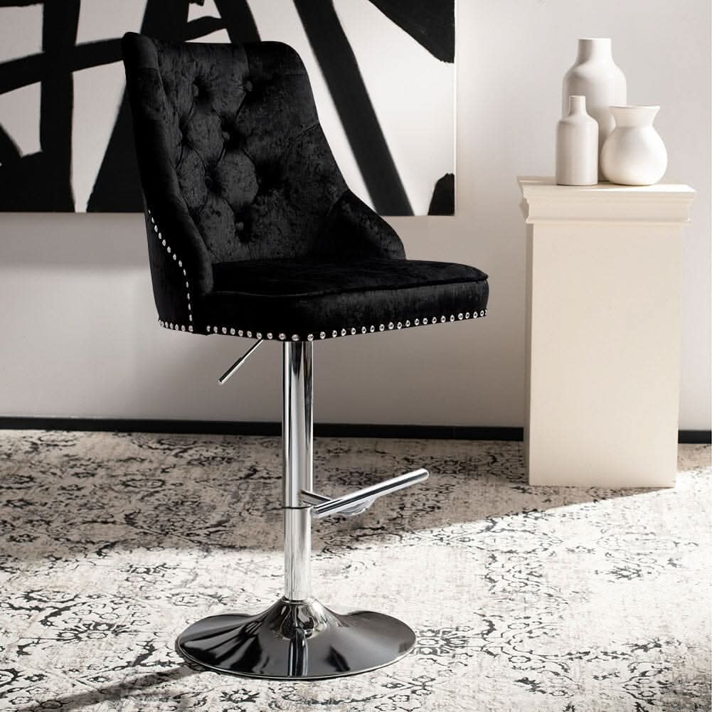 Black Adjustable Bar Stool with Floral Velvet Upholstery