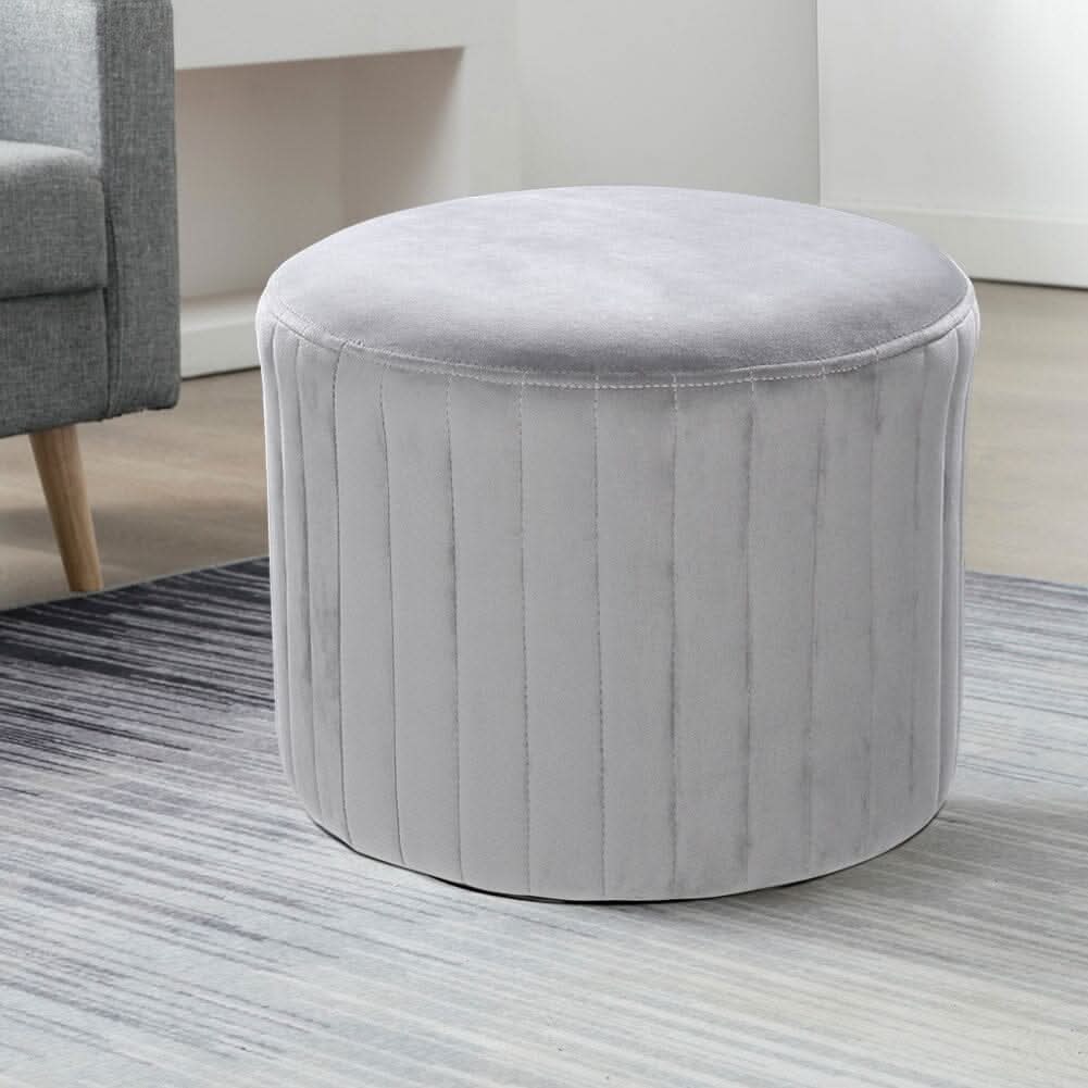 Round Ribbed Ottoman Grey Velvet