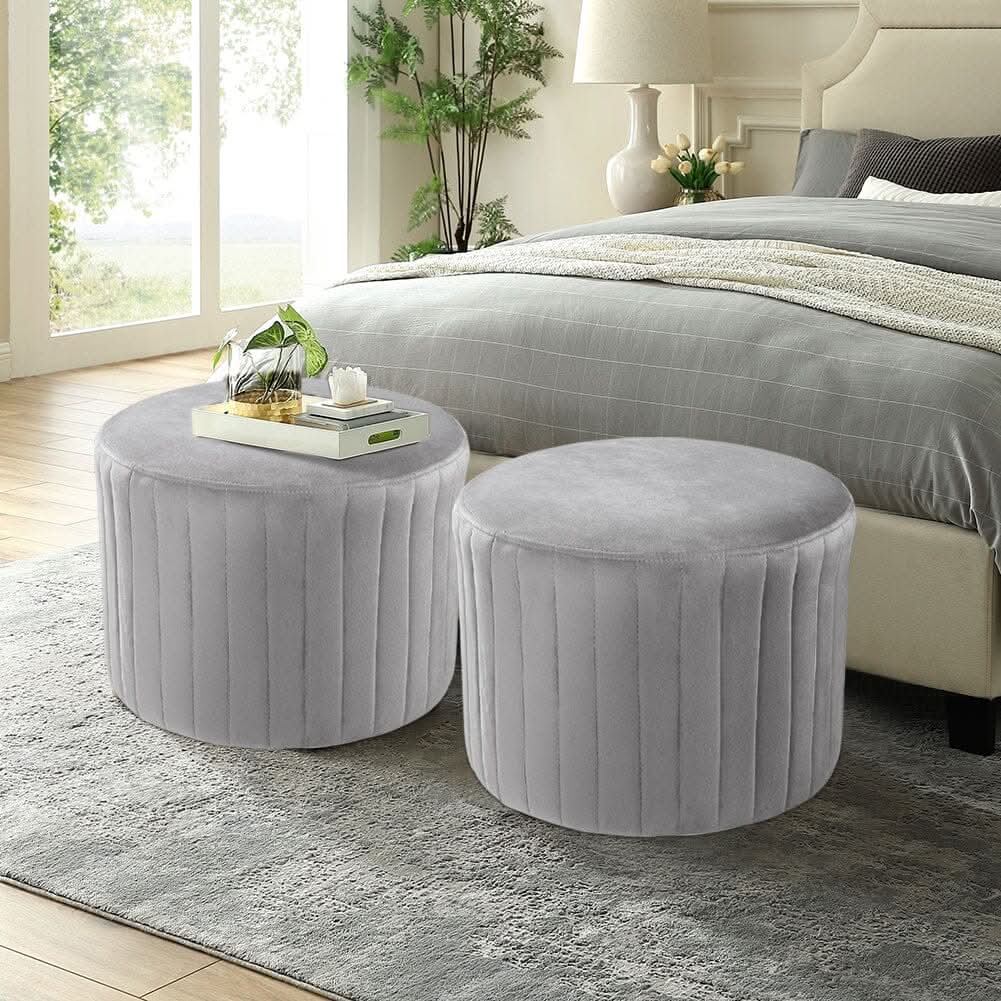 Round Ribbed Ottoman Grey Velvet