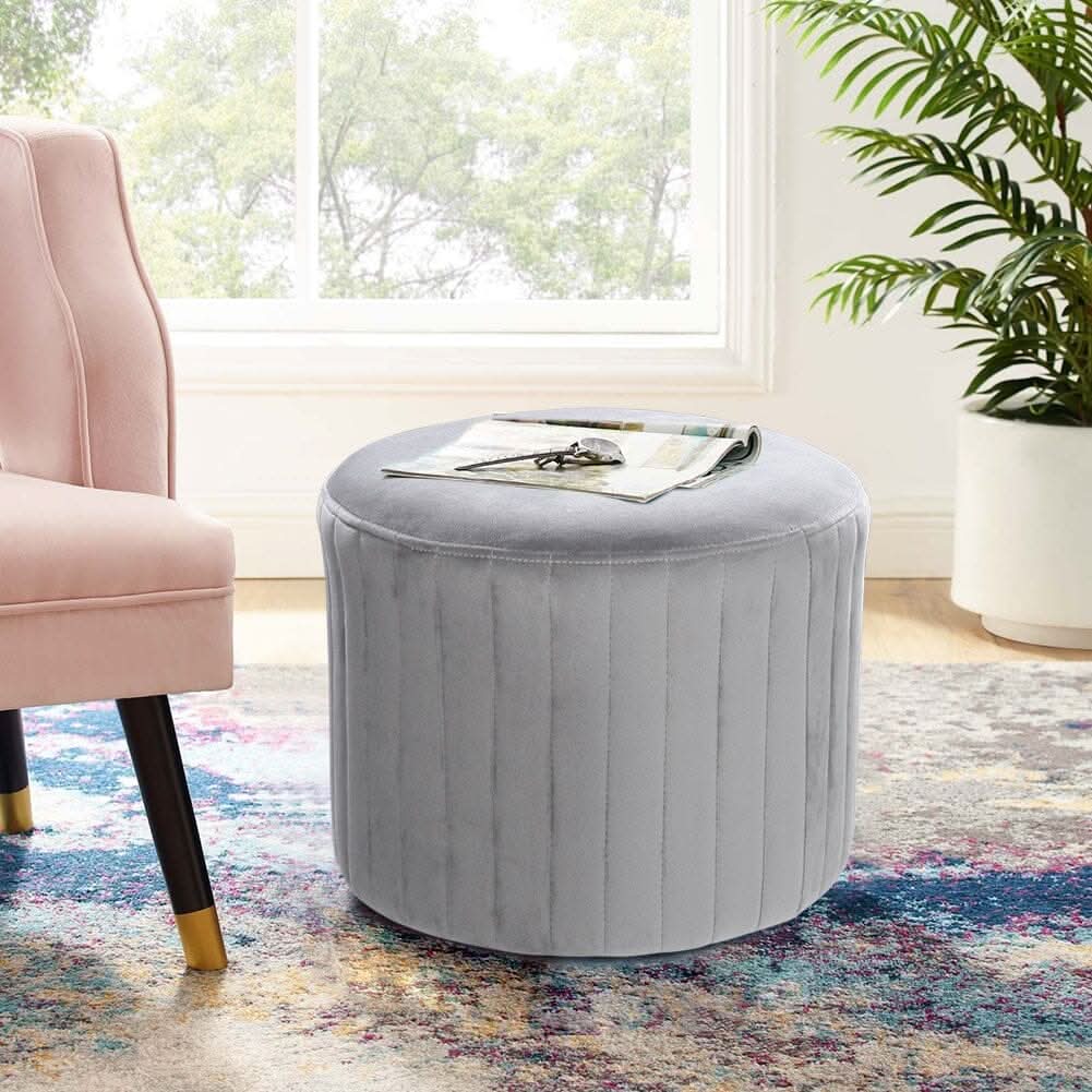 Round Ribbed Ottoman Grey Velvet
