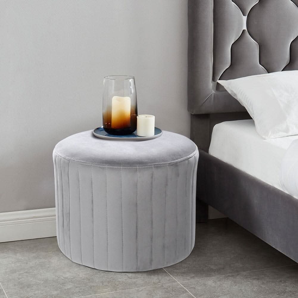 Round Ribbed Ottoman Grey Velvet