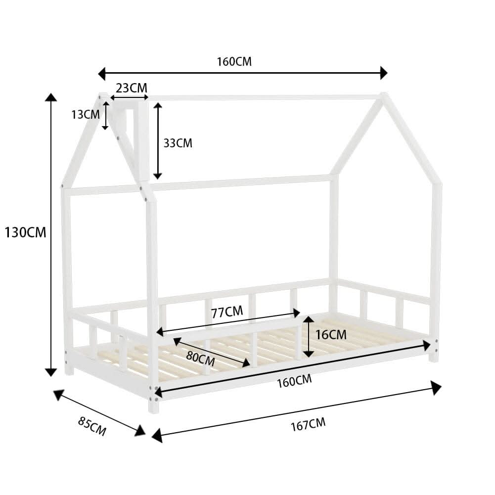 167cm W House Bed Frame Wood Toddler Bed with Safety Guard Fence