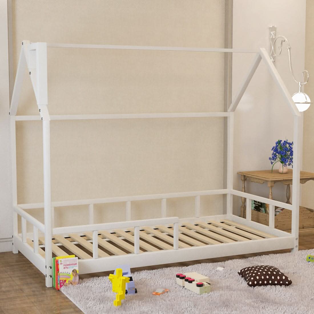 167cm W House Bed Frame Wood Toddler Bed with Safety Guard Fence