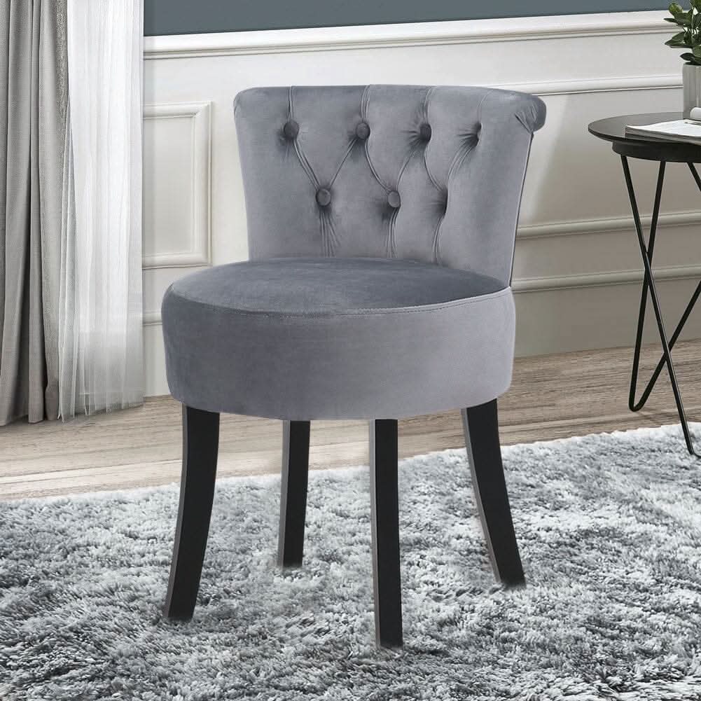 Velvet Vanity Stool with 7-Button Tufted Backrest & Black Rubber Wood Legs