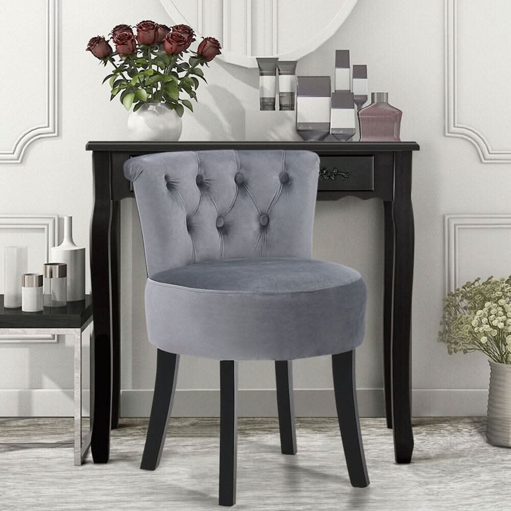 Velvet Vanity Stool with 7-Button Tufted Backrest & Black Rubber Wood Legs
