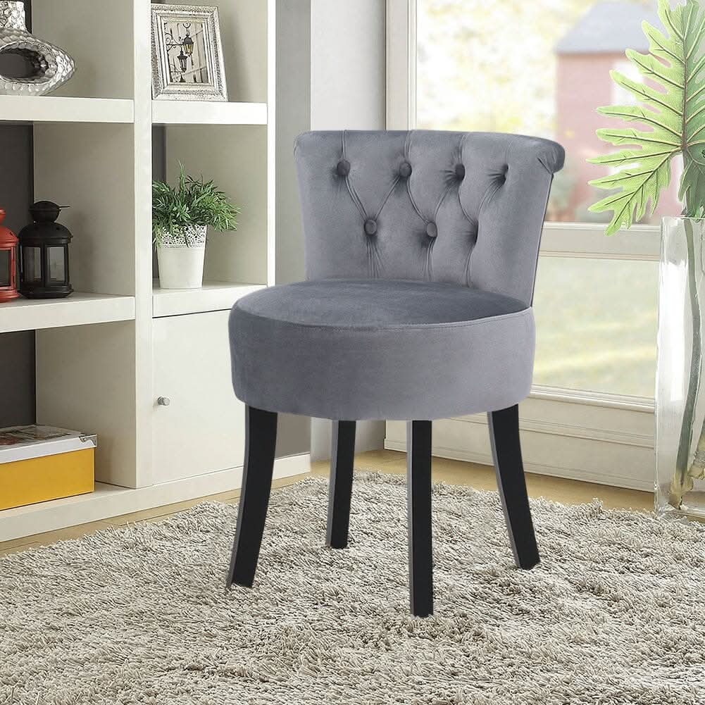 Velvet Vanity Stool with 7-Button Tufted Backrest & Black Rubber Wood Legs