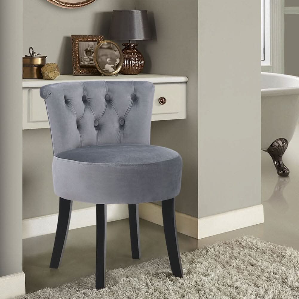 Velvet Vanity Stool with 7-Button Tufted Backrest & Black Rubber Wood Legs