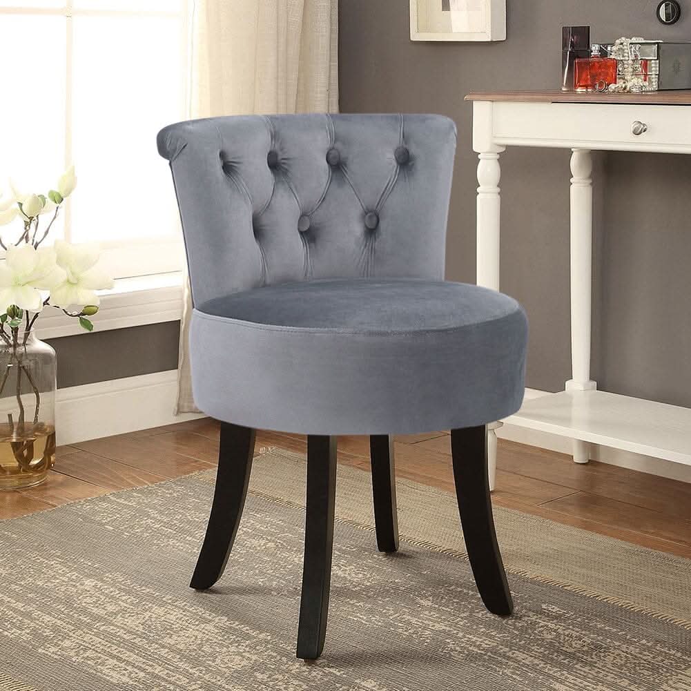 Velvet Vanity Stool with 7-Button Tufted Backrest & Black Rubber Wood Legs
