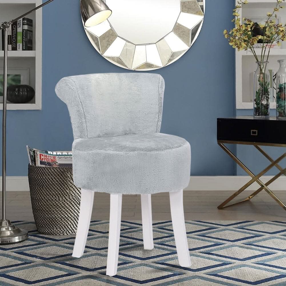 Long Pile Fleece Vanity Stool with White Rubber Wood Legs