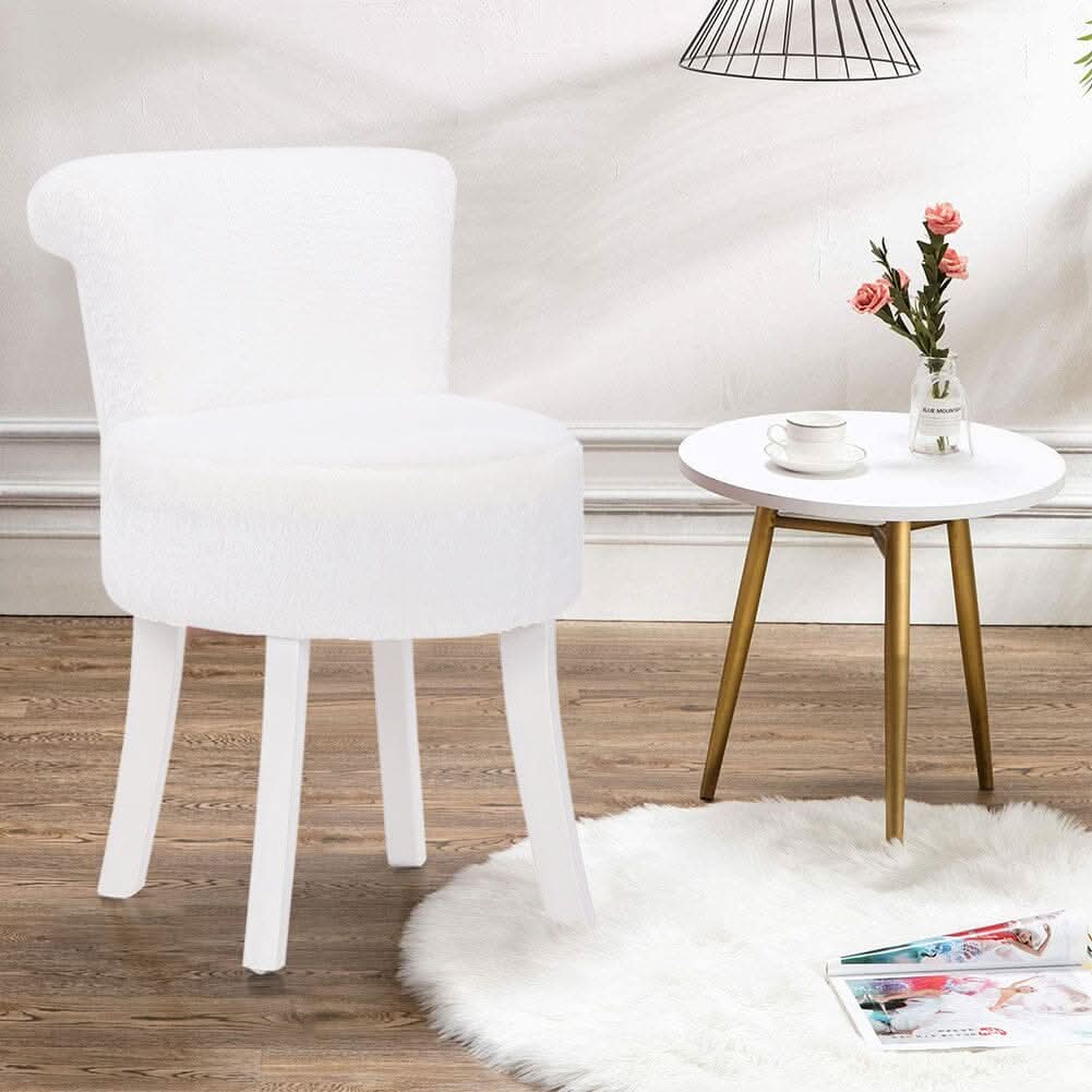Long Pile Fleece Vanity Stool with White Rubber Wood Legs
