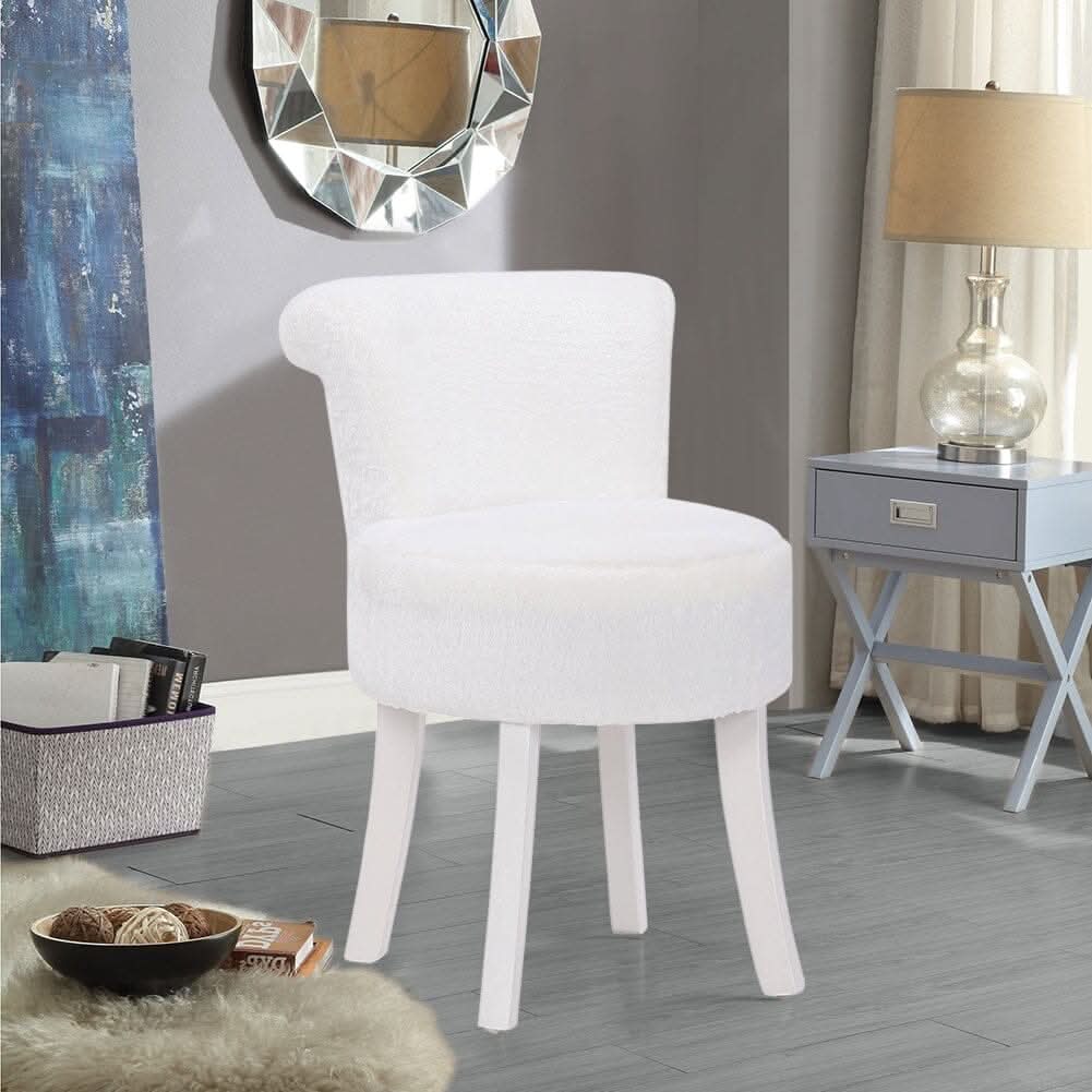 Long Pile Fleece Vanity Stool with White Rubber Wood Legs