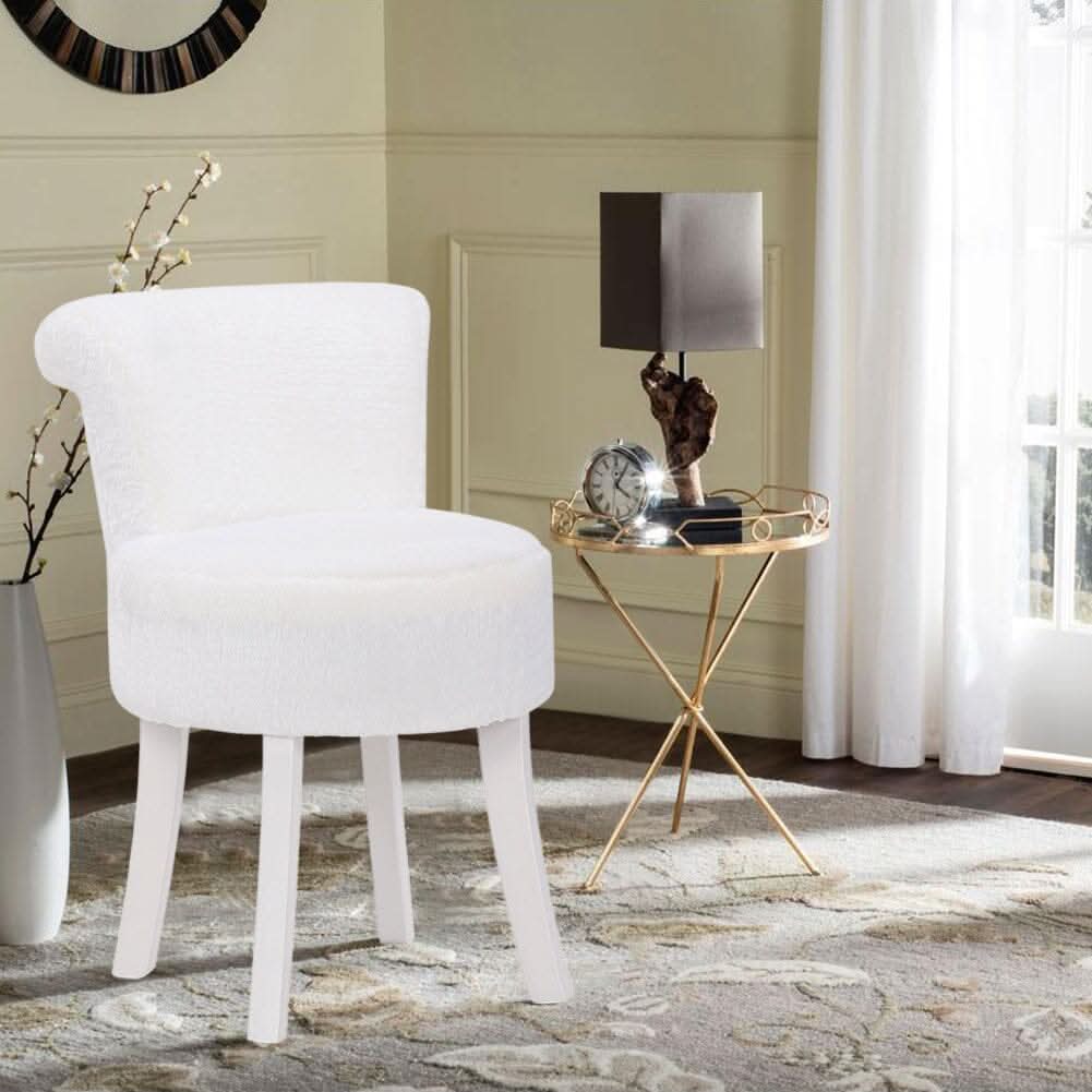 Long Pile Fleece Vanity Stool with White Rubber Wood Legs