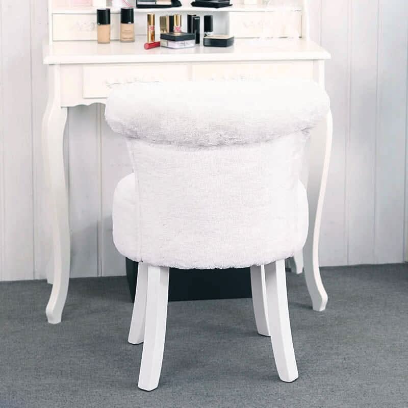 Long Pile Fleece Vanity Stool with White Rubber Wood Legs