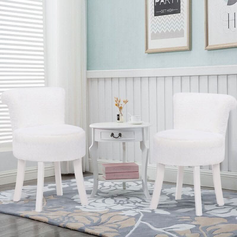 Long Pile Fleece Vanity Stool with White Rubber Wood Legs