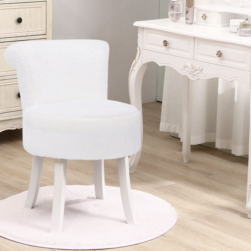 Long Pile Fleece Vanity Stool with White Rubber Wood Legs