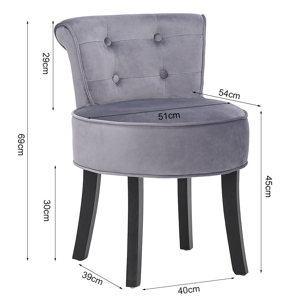 Tufted Vanity Stool with 4-Button Backrest & Black Rubber Wood Legs