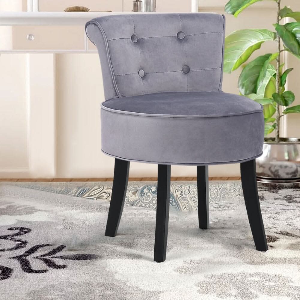 Tufted Vanity Stool with 4-Button Backrest & Black Rubber Wood Legs