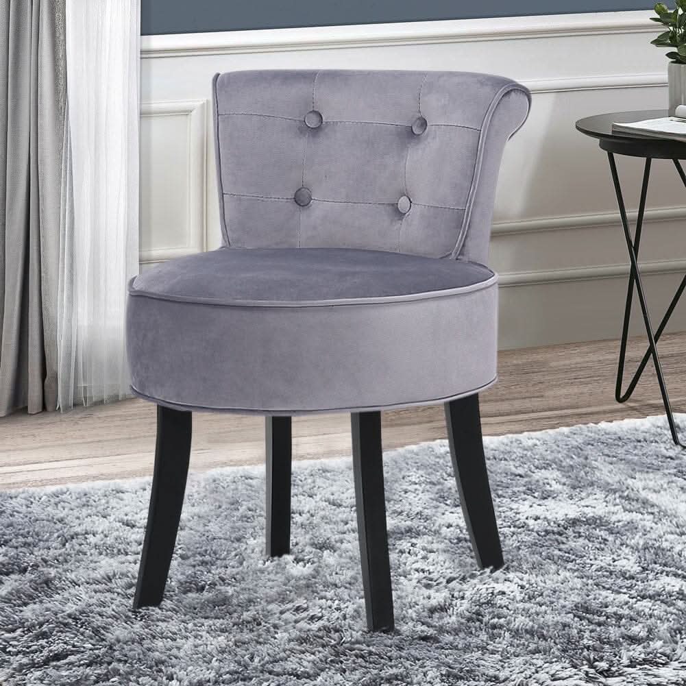 Tufted Vanity Stool with 4-Button Backrest & Black Rubber Wood Legs