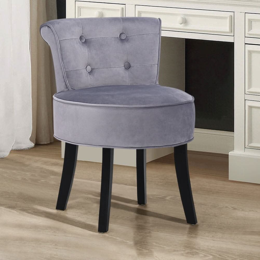 Tufted Vanity Stool with 4-Button Backrest & Black Rubber Wood Legs