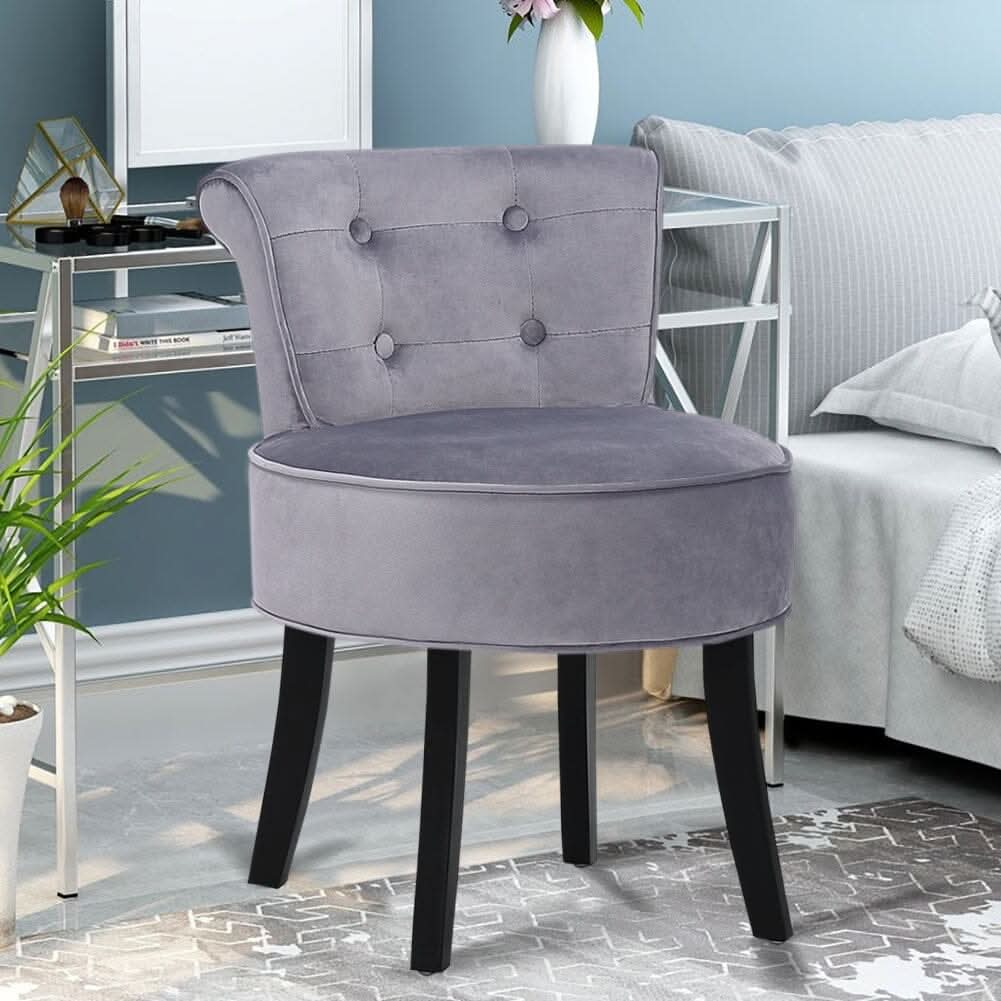 Tufted Vanity Stool with 4-Button Backrest & Black Rubber Wood Legs