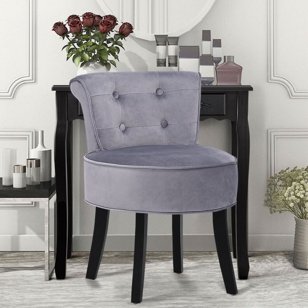 Tufted Vanity Stool with 4-Button Backrest & Black Rubber Wood Legs