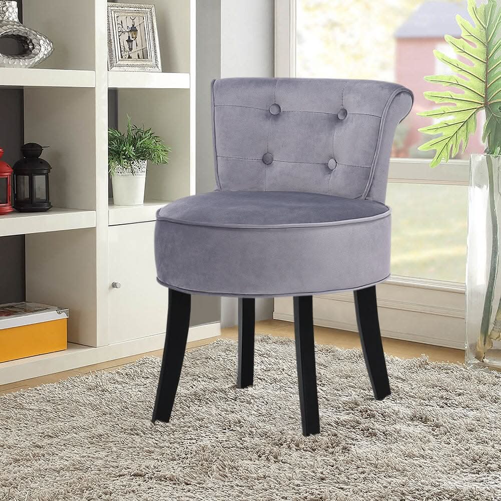Tufted Vanity Stool with 4-Button Backrest & Black Rubber Wood Legs