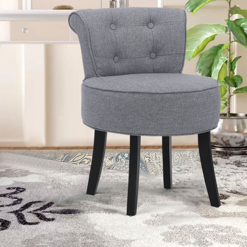 Tufted Vanity Stool with 4-Button Backrest & Black Rubber Wood Legs