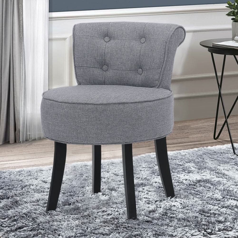 Tufted Vanity Stool with 4-Button Backrest & Black Rubber Wood Legs