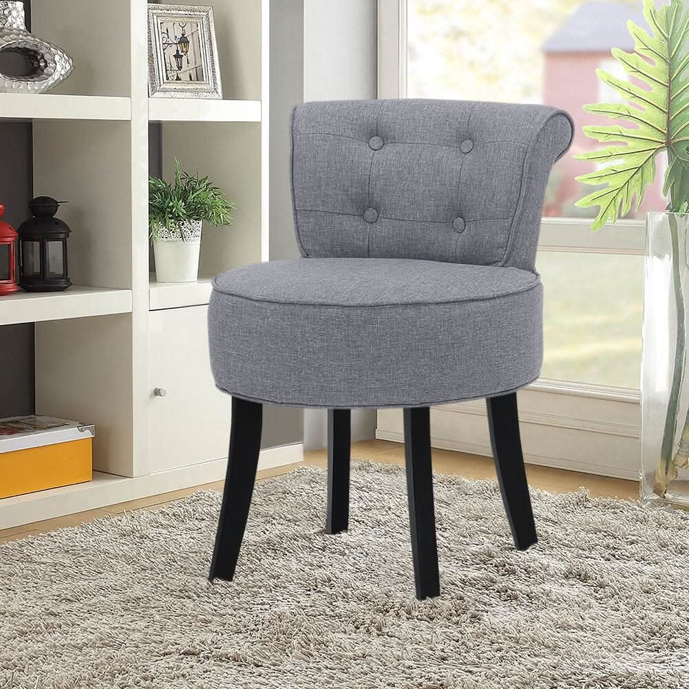 Tufted Vanity Stool with 4-Button Backrest & Black Rubber Wood Legs