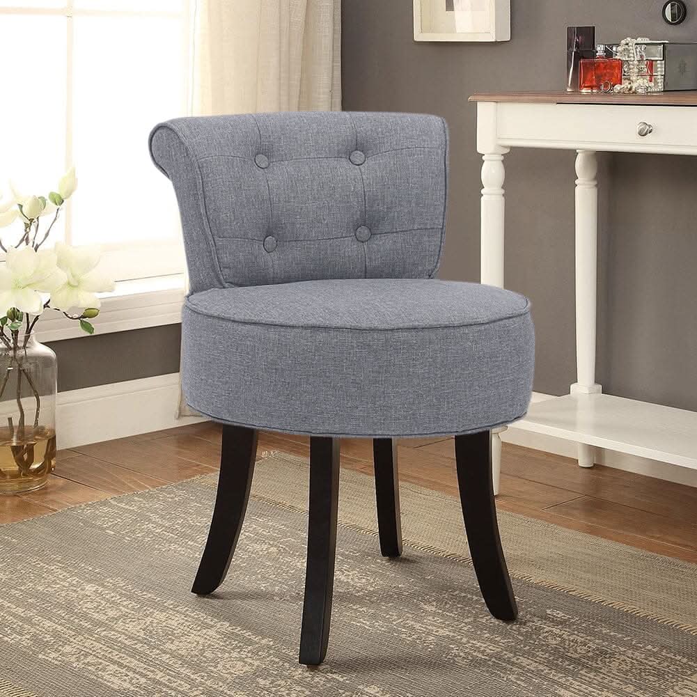 Tufted Vanity Stool with 4-Button Backrest & Black Rubber Wood Legs