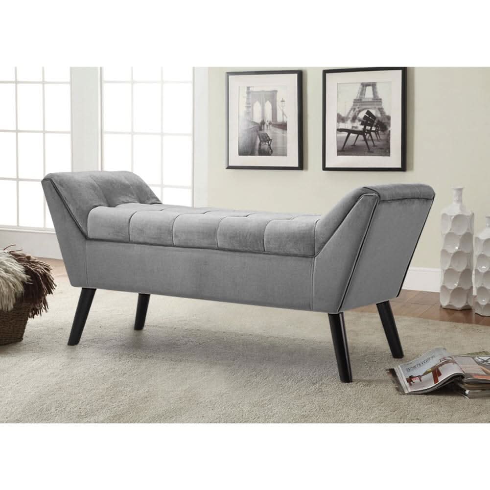 Mid-Century Modern Tufted Bench Grey Velvet with Black Wooden Legs