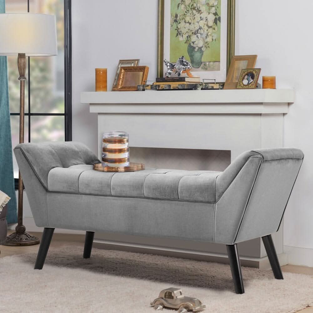 Mid-Century Modern Tufted Bench Grey Velvet with Black Wooden Legs